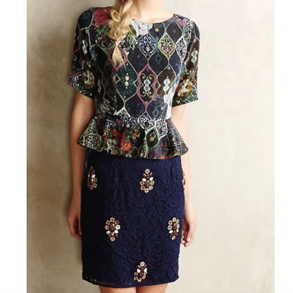 Silk Narcis Beaded Opulent Embellished Lace Peplum Dress 6 S Anthropologie